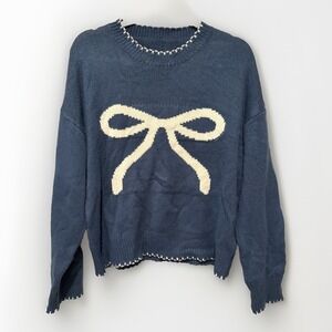 Women's Blue White Bow Sweater Acrylic Size M Preppy Girly College Sorority